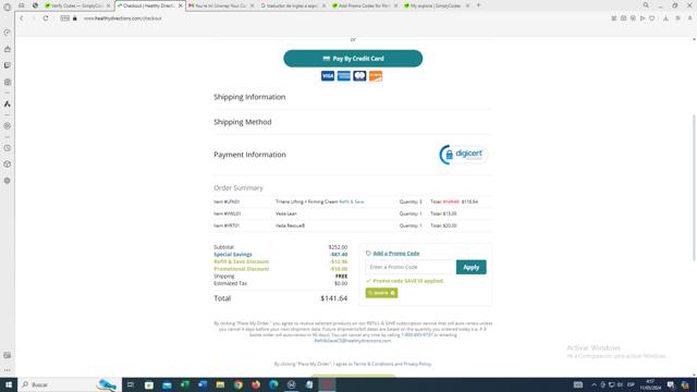 Healthy Directions checkout page showing Healthy Directions promo code box | Screenshot taken by SimplyCodes community member on May 11, 2024
