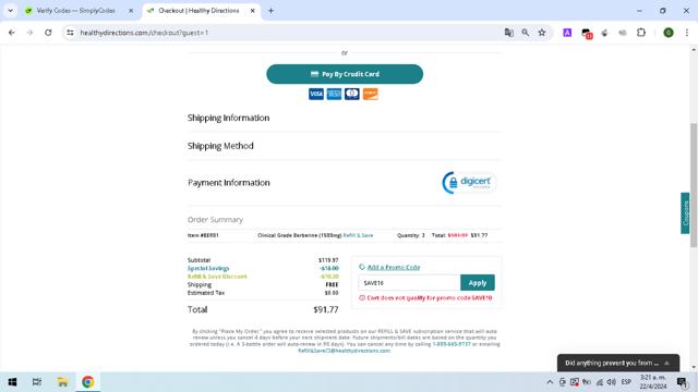 Healthy Directions checkout page showing Healthy Directions promo code box | Screenshot taken by SimplyCodes community member on Apr 22, 2024