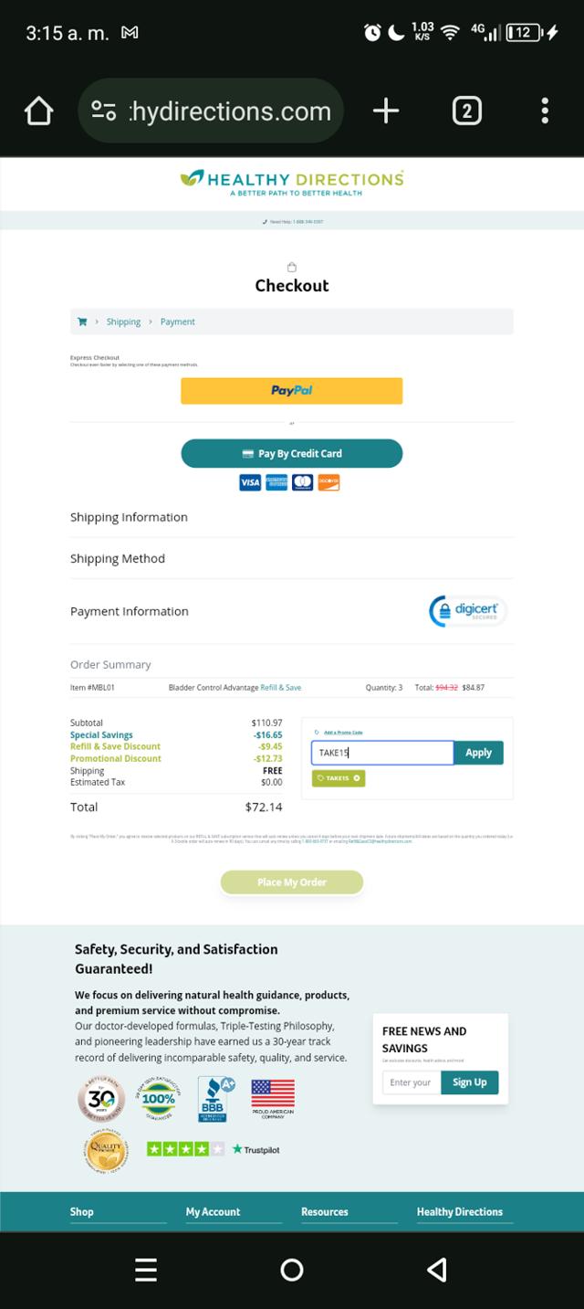 Healthy Directions checkout page showing Healthy Directions promo code box | Screenshot taken by SimplyCodes community member on Apr 22, 2024