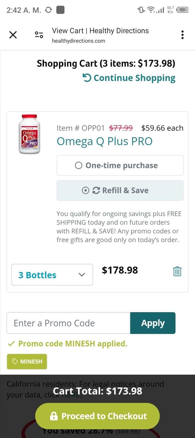 Healthy Directions checkout page showing Healthy Directions promo code box | Screenshot taken by SimplyCodes community member on Apr 26, 2024