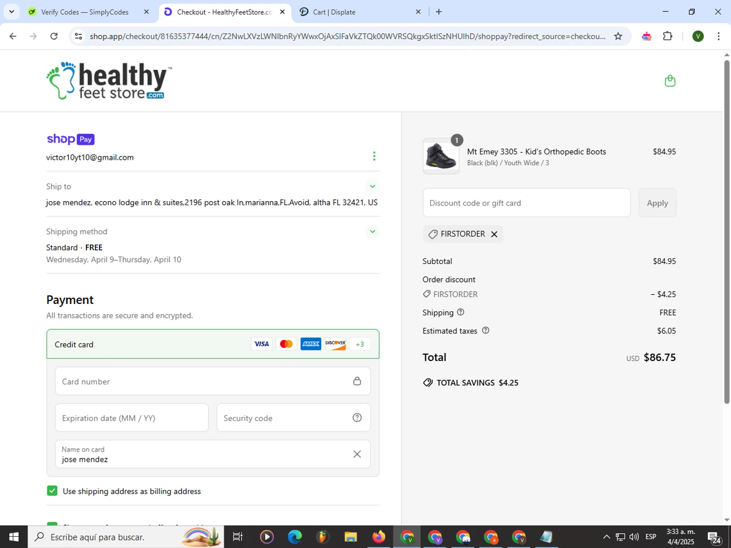 HealthyFeetStore promo code screenshot showing code FirstOrder applied at HealthyFeetStore checkout page. Uploaded by SimplyCodes community member PrimeWizard4168 on Apr 4, 2025