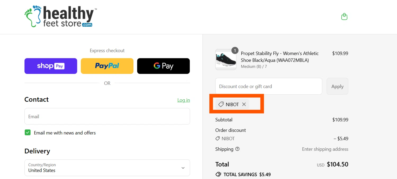 HealthyFeetStore promo code screenshot showing code NIBOT applied at HealthyFeetStore checkout page. Uploaded by SimplyCodes community member CleverSentinel4477 on Jul 31, 2025