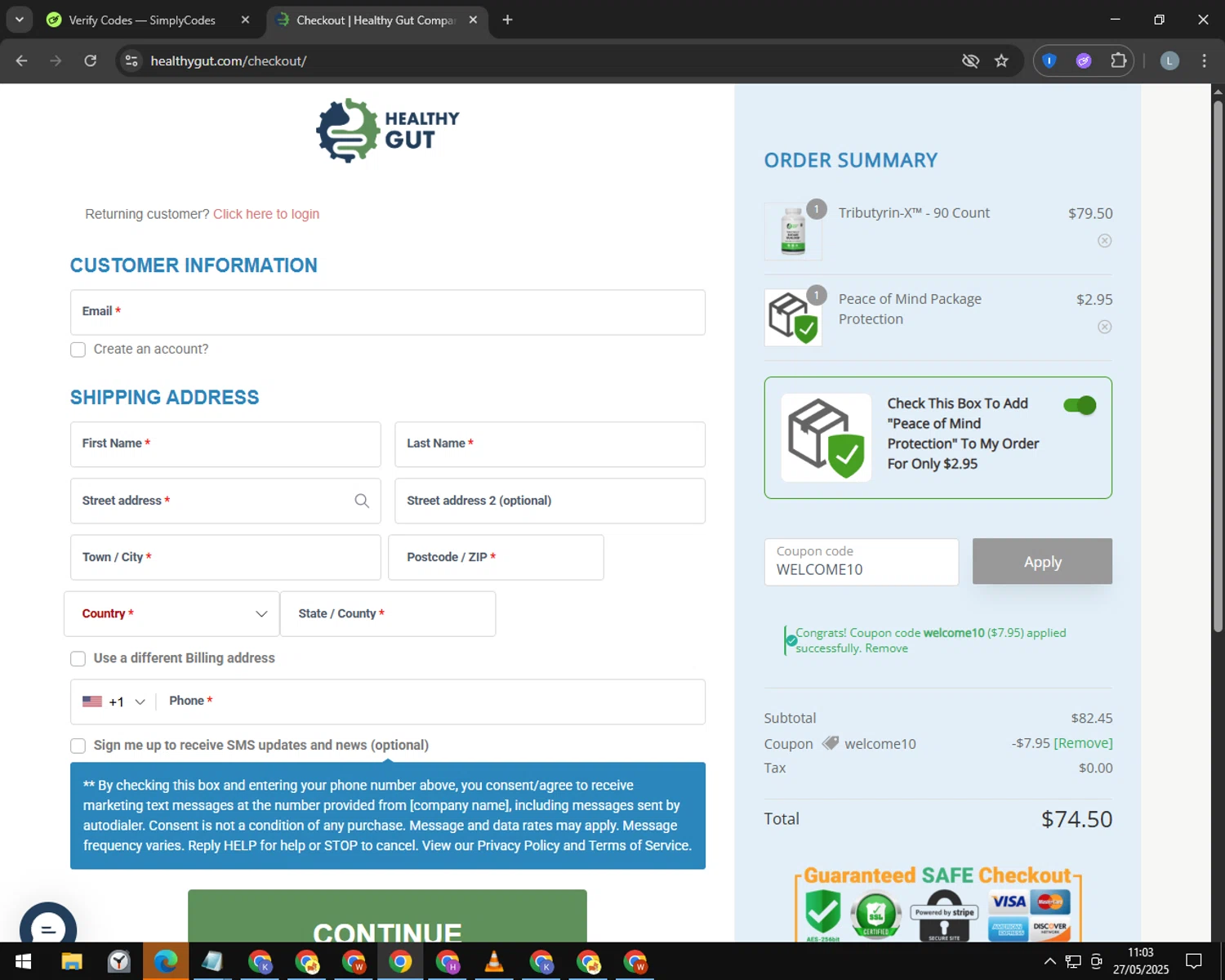 Healthy Gut Company promo code screenshot showing code WELCOME10 applied at Healthy Gut Company checkout page. Uploaded by SimplyCodes community member CashTracker4266 on May 27, 2025