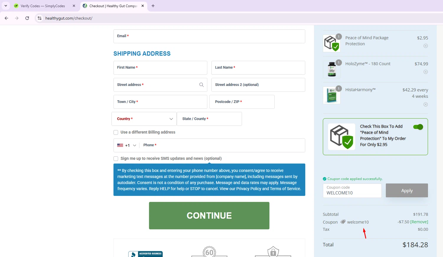 Healthy Gut Company promo code screenshot showing code WELCOME10 applied at Healthy Gut Company checkout page. Uploaded by SimplyCodes community member CoinSage1043 on Jun 10, 2025
