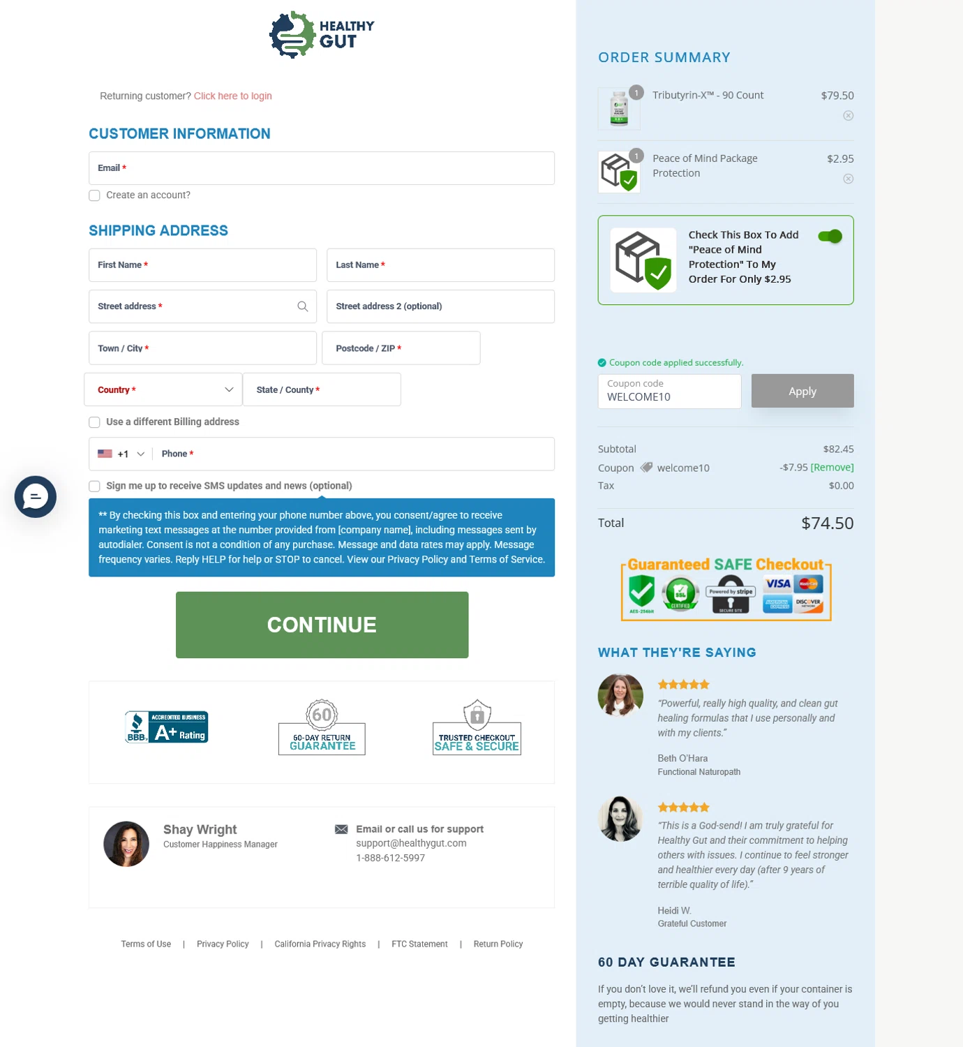 Healthy Gut Company promo code screenshot showing code WELCOME10 applied at Healthy Gut Company checkout page. Uploaded by SimplyCodes community member WladimirV on Jun 17, 2025