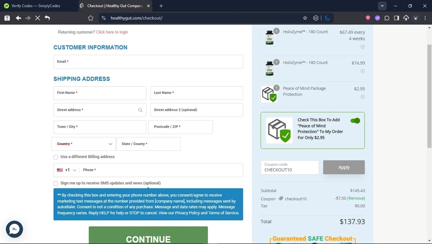 Healthy Gut Company promo code screenshot showing code CHECKOUT10 applied at Healthy Gut Company checkout page. Uploaded by SimplyCodes community member BrilliantTitan6909 on May 27, 2025