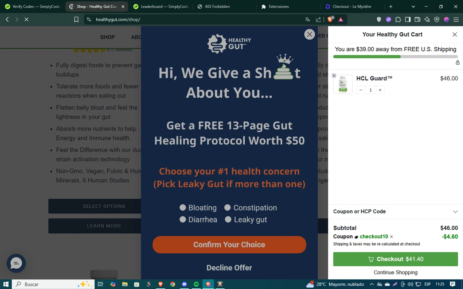 Healthy Gut Company promo code screenshot showing code CHECKOUT10 applied at Healthy Gut Company checkout page. Uploaded by SimplyCodes community member SmartSaver5448 on Jun 10, 2025