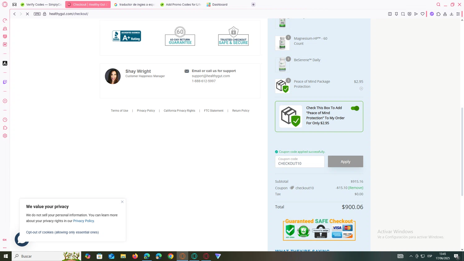 Healthy Gut Company promo code screenshot showing code CHECKOUT10 applied at Healthy Gut Company checkout page. Uploaded by SimplyCodes community member yanetrod on Jun 17, 2025