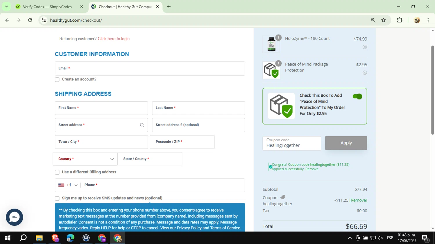 Healthy Gut Company promo code screenshot showing code HealingTogether applied at Healthy Gut Company checkout page. Uploaded by SimplyCodes community member CashExpert3657 on Jun 17, 2025