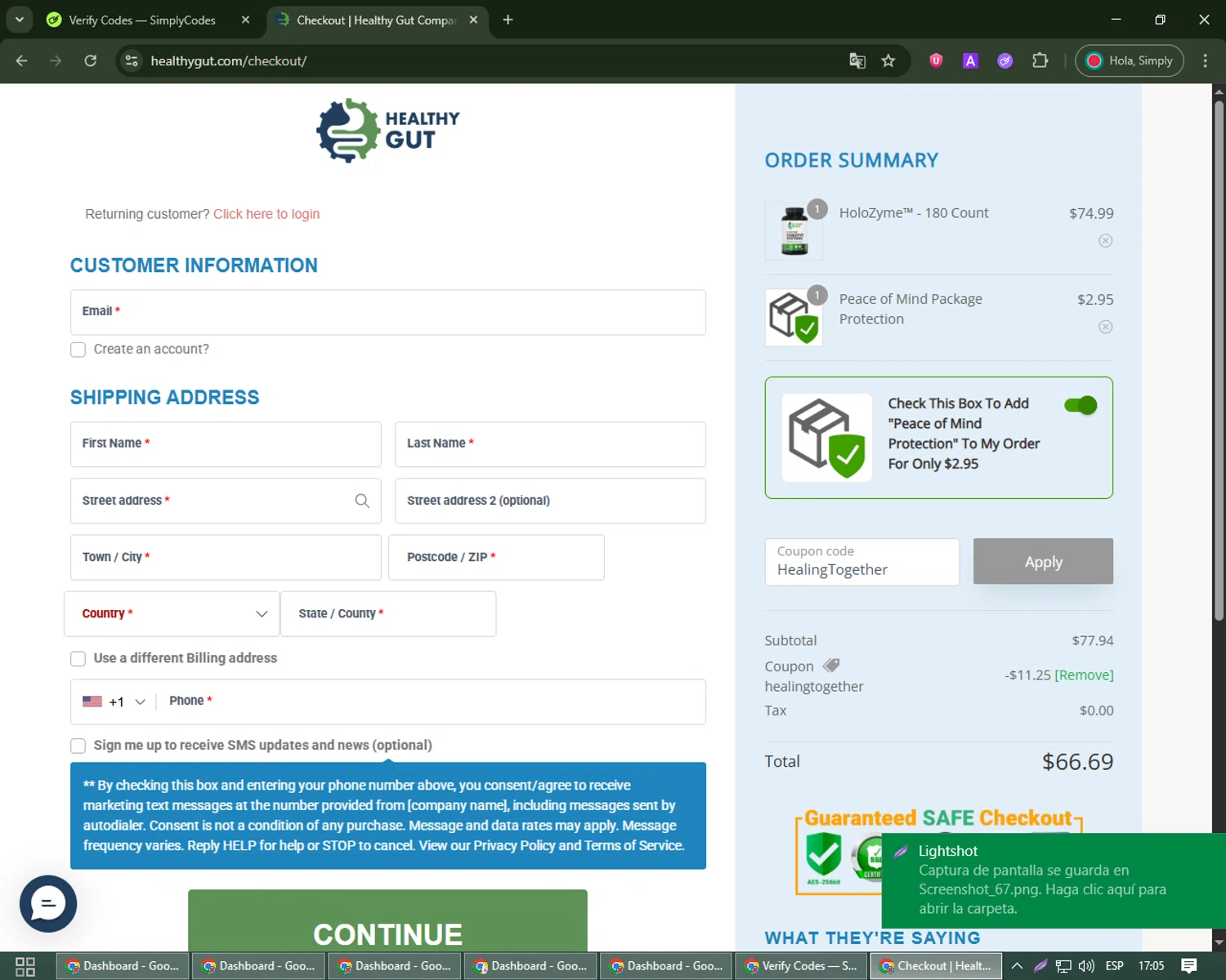 Healthy Gut Company promo code screenshot showing code HealingTogether applied at Healthy Gut Company checkout page. Uploaded by SimplyCodes community member Michael_Brown on May 27, 2025