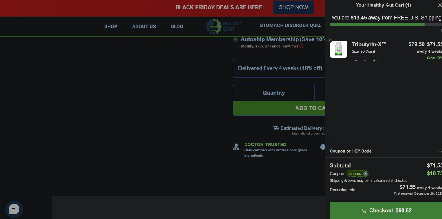 Healthy Gut Company promo code screenshot showing code sibosos applied at Healthy Gut Company checkout page. Uploaded by SimplyCodes community member Ray_YNN on Nov 30, 2025