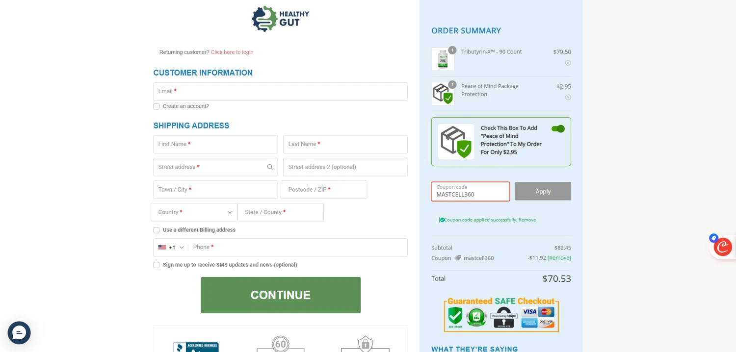 Healthy Gut Company promo code screenshot showing code MASTCELL360 applied at Healthy Gut Company checkout page. Uploaded by SimplyCodes community member Dorothy on Sep 6, 2025