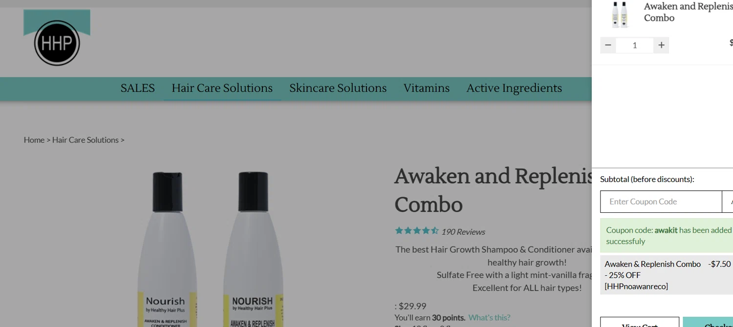 Healthy Hair Plus coupon code screenshot showing code awakit applied at Healthy Hair Plus checkout page. Uploaded by SimplyCodes community member Draken on Apr 7, 2025