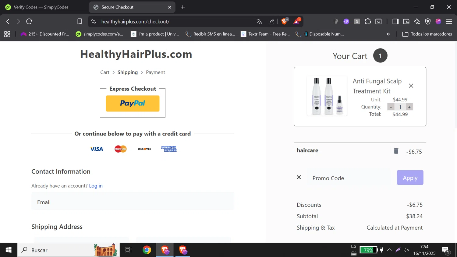 Healthy Hair Plus coupon code screenshot showing code HAIRCARE applied at Healthy Hair Plus checkout page. Uploaded by SimplyCodes community member DORIANGEL on Nov 16, 2025
