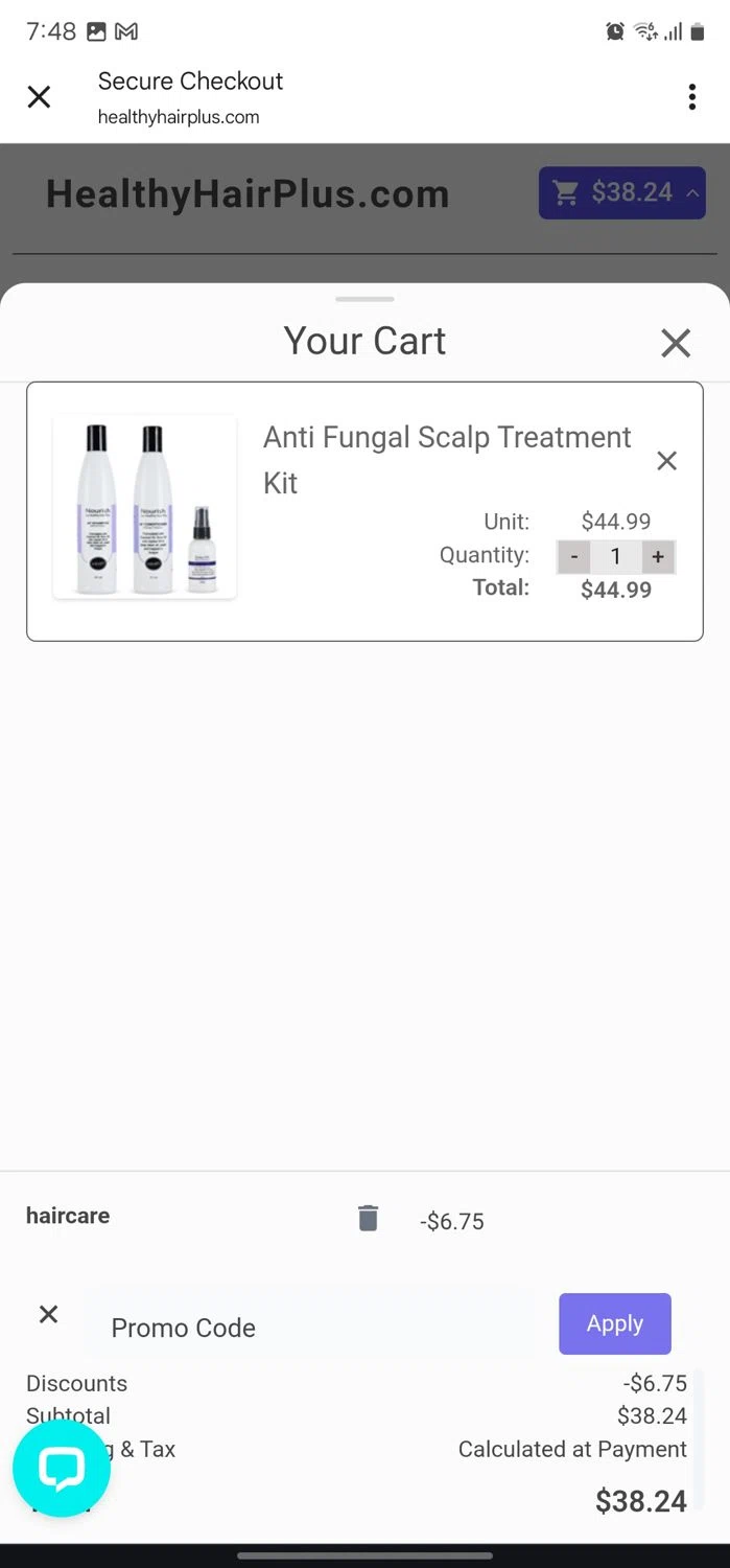 Healthy Hair Plus coupon code screenshot showing code HAIRCARE applied at Healthy Hair Plus checkout page. Uploaded by SimplyCodes community member CleverPhoenix2364 on Apr 30, 2025