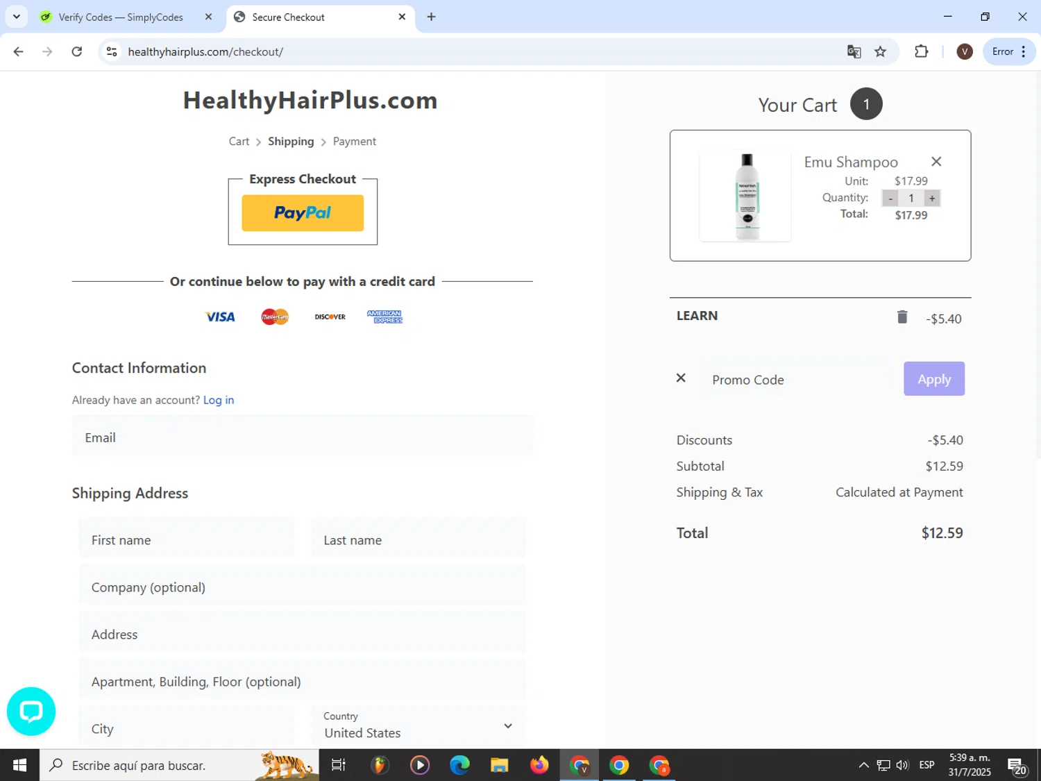 Healthy Hair Plus checkout page showing Healthy Hair Plus coupon code box | Screenshot taken by SimplyCodes community member on Jul 31, 2025