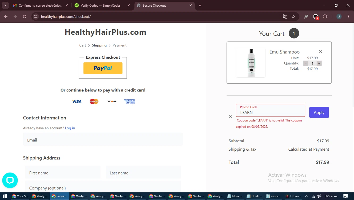 Healthy Hair Plus coupon code screenshot showing code LEARN applied at Healthy Hair Plus checkout page. Uploaded by SimplyCodes community member ScanLynx8928 on Aug 29, 2025
