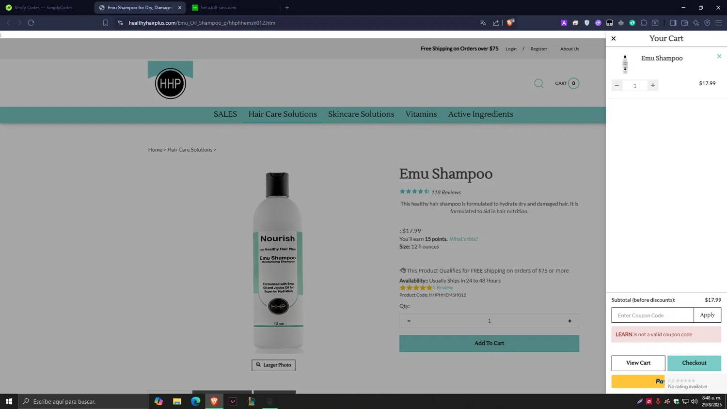 Healthy Hair Plus coupon code screenshot showing code LEARN applied at Healthy Hair Plus checkout page. Uploaded by SimplyCodes community member Tragedy on Aug 29, 2025