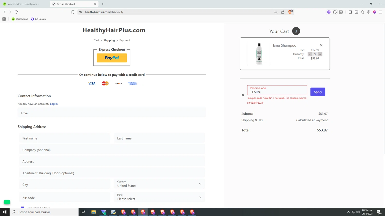 Healthy Hair Plus coupon code screenshot showing code LEARN applied at Healthy Hair Plus checkout page. Uploaded by SimplyCodes community member jHjJJJhgPlDmsdUYitrNMASDll on Aug 29, 2025