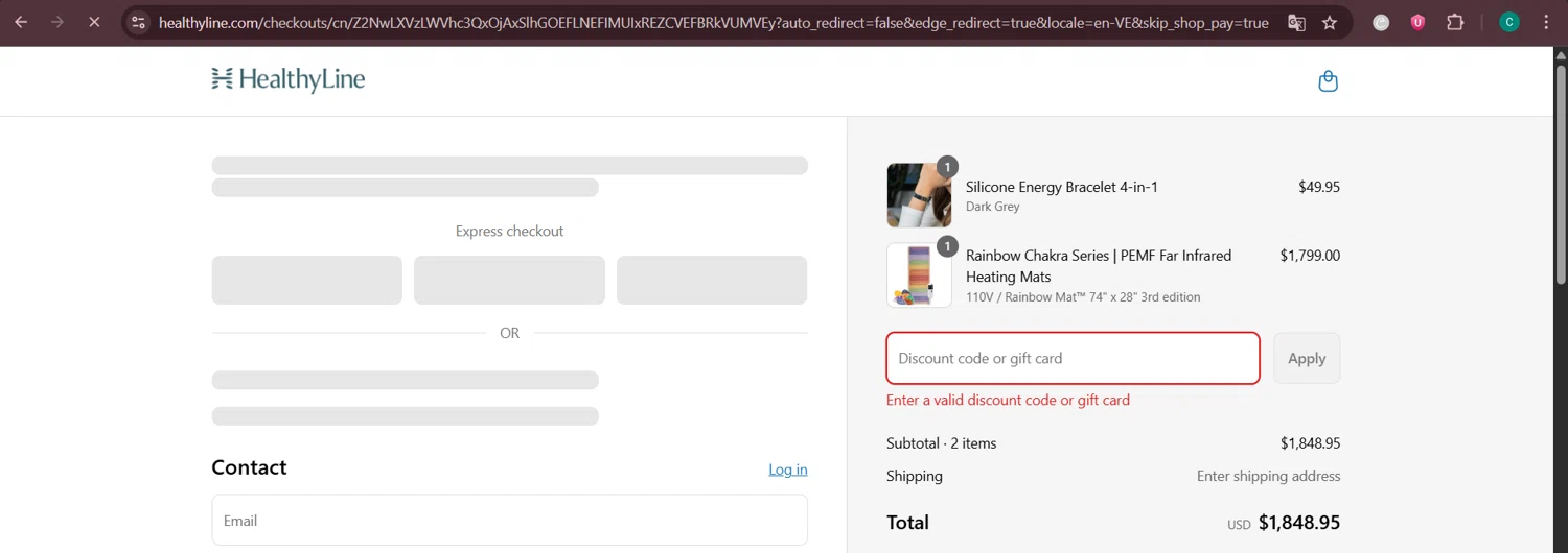 Healthy Line coupon code screenshot showing code WAVE10 applied at Healthy Line checkout page. Uploaded by SimplyCodes community member Negritoo on Jun 11, 2025