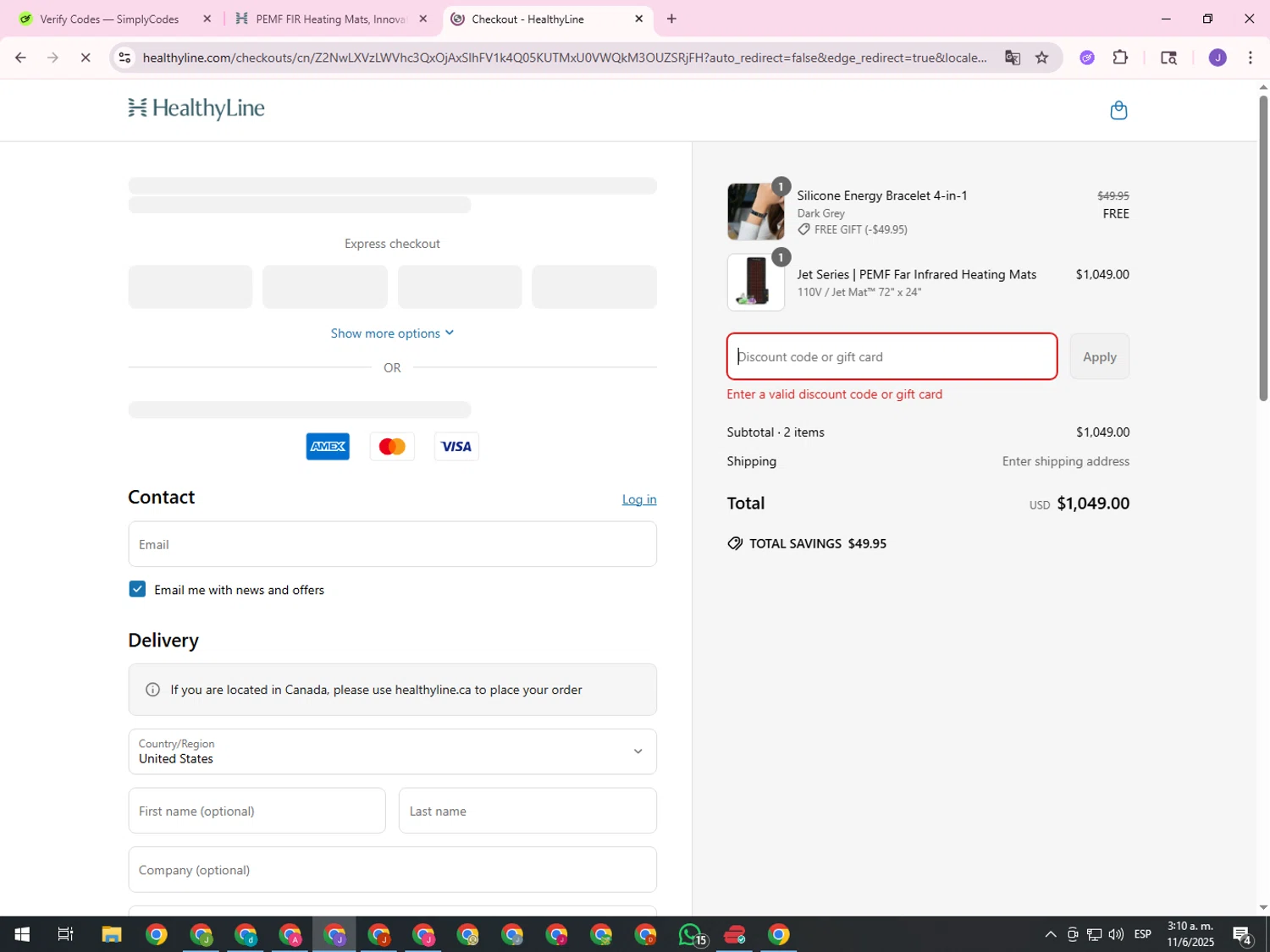 Healthy Line coupon code screenshot showing code WAVE10 applied at Healthy Line checkout page. Uploaded by SimplyCodes community member ValueHero2277 on Jun 11, 2025