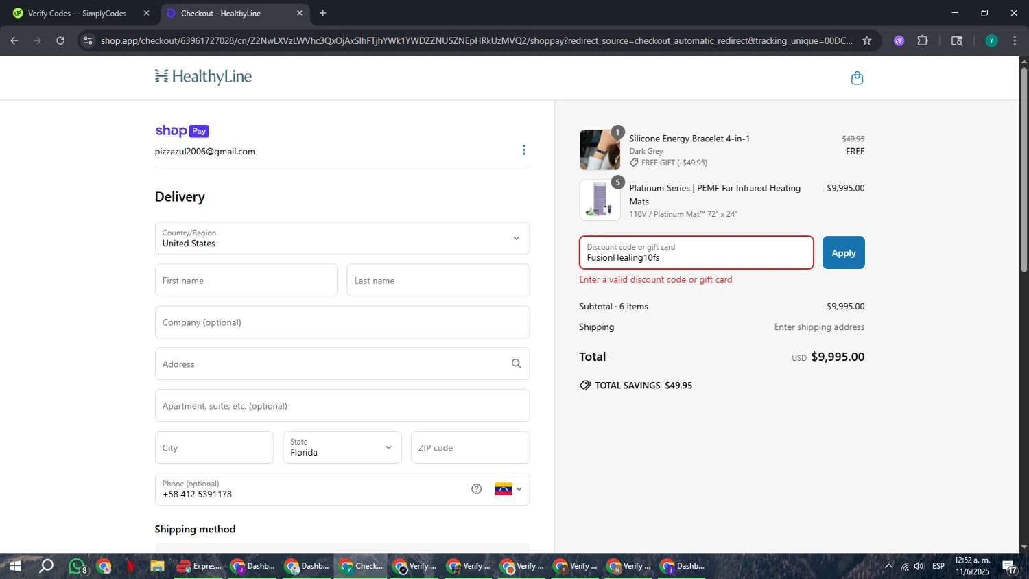 Healthy Line coupon code screenshot showing code FusionHealing10fs applied at Healthy Line checkout page. Uploaded by SimplyCodes community member FrugalCaptain6906 on Jun 11, 2025