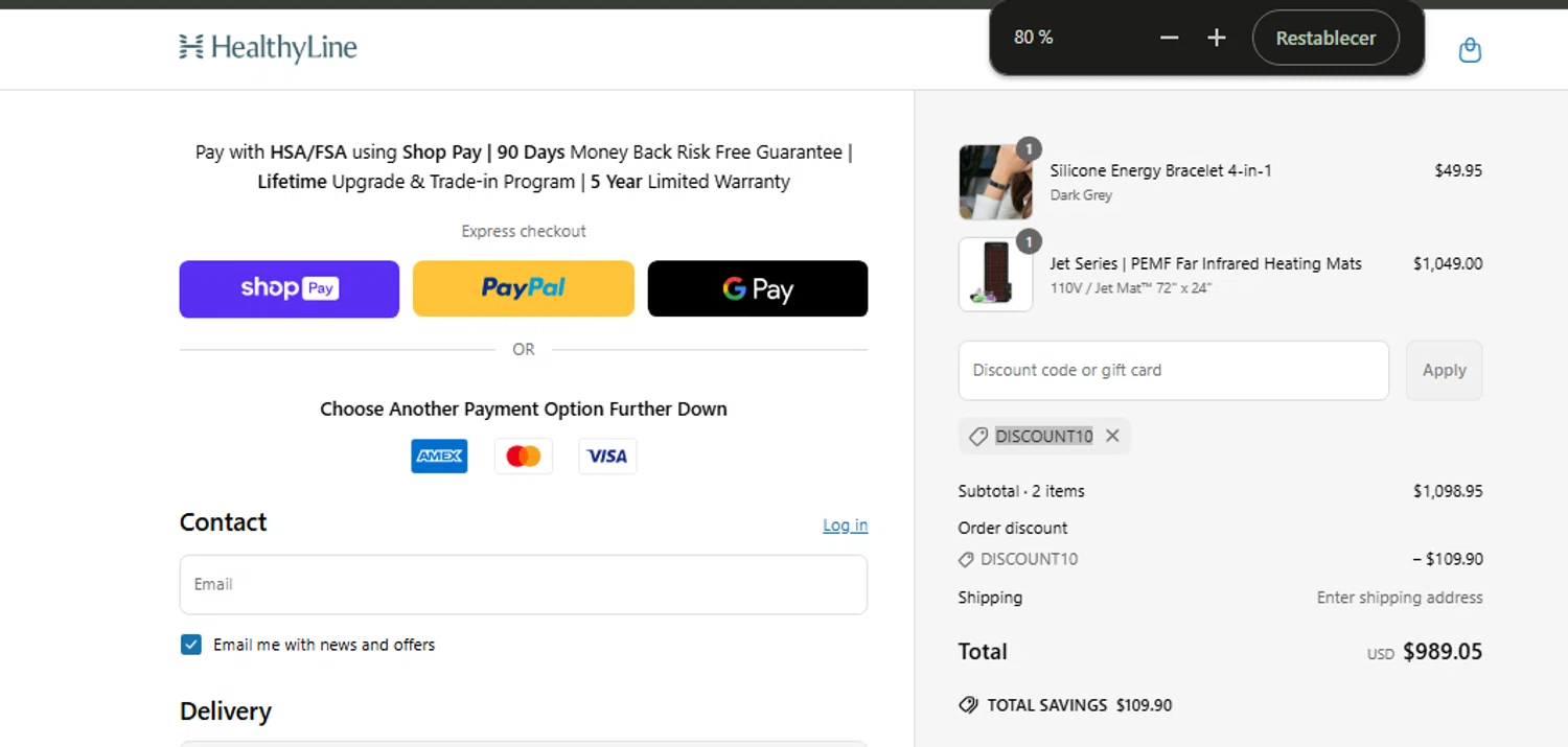 Healthy Line coupon code screenshot showing code DISCOUNT10 applied at Healthy Line checkout page. Uploaded by SimplyCodes community member Jhonny on Jun 3, 2025