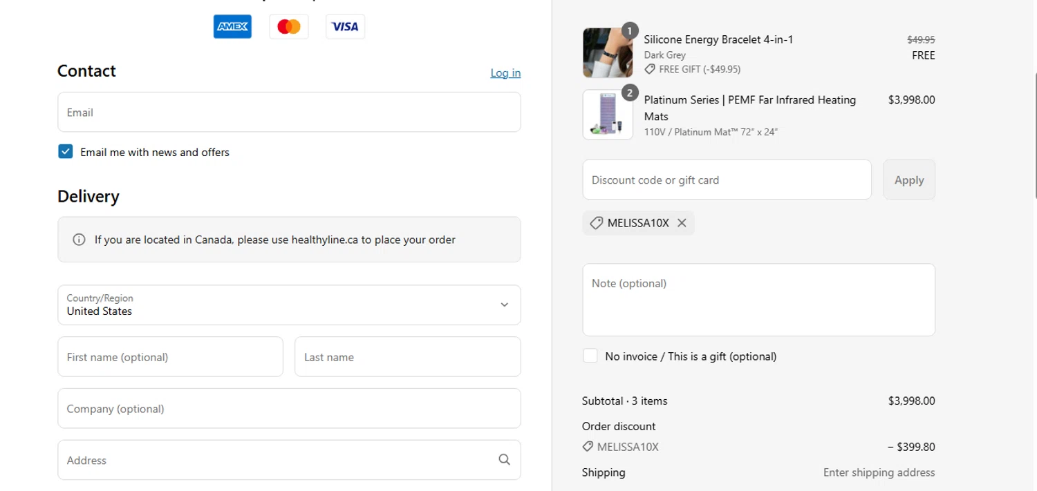Healthy Line coupon code screenshot showing code Melissa10x applied at Healthy Line checkout page. Uploaded by SimplyCodes community member shark12 on Jun 5, 2025