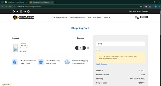 HealthyMale checkout page showing HealthyMale coupon code box | Screenshot taken by SimplyCodes community member on May 23, 2025