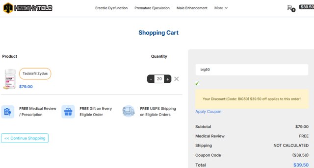 HealthyMale checkout page showing HealthyMale coupon code box | Screenshot taken by SimplyCodes community member on Sep 2, 2025