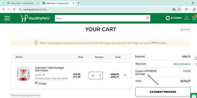 HealthyPets checkout page showing HealthyPets promo code box | Screenshot taken by SimplyCodes community member on Jul 17, 2025