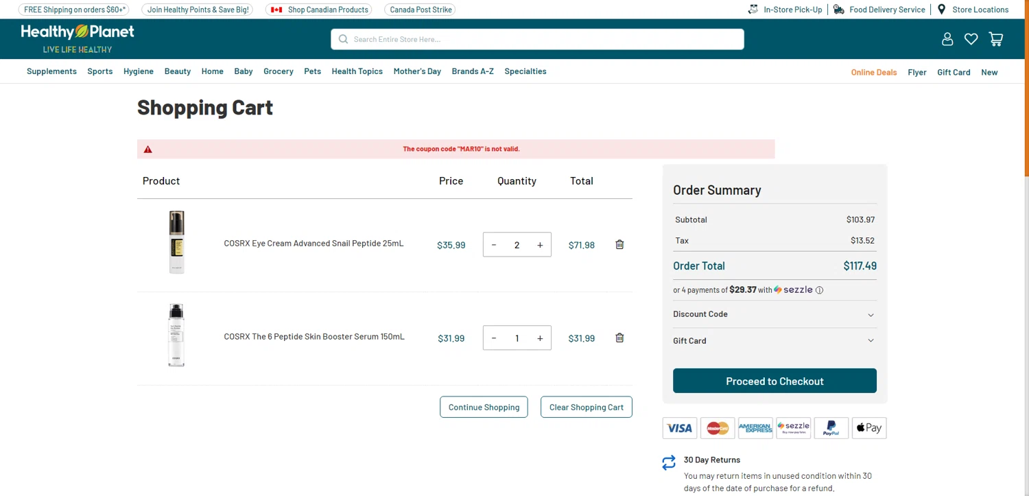 Healthy Planet discount code screenshot showing code MAR10 applied at Healthy Planet checkout page. Uploaded by SimplyCodes community member WiseMonarch6687 on May 23, 2025