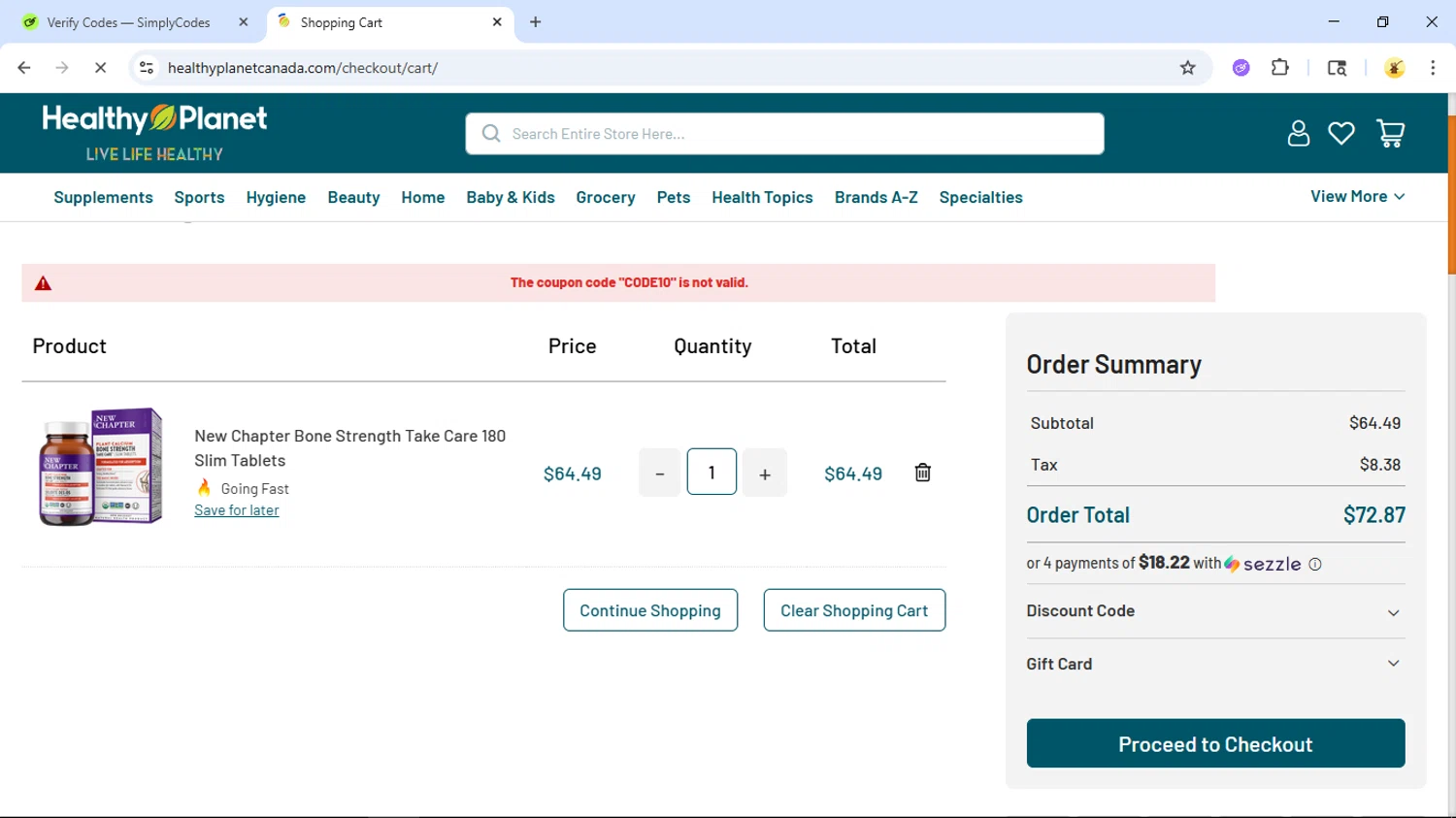 Healthy Planet discount code screenshot showing code CODE10 applied at Healthy Planet checkout page. Uploaded by SimplyCodes community member GloriousSage2502 on Nov 14, 2025
