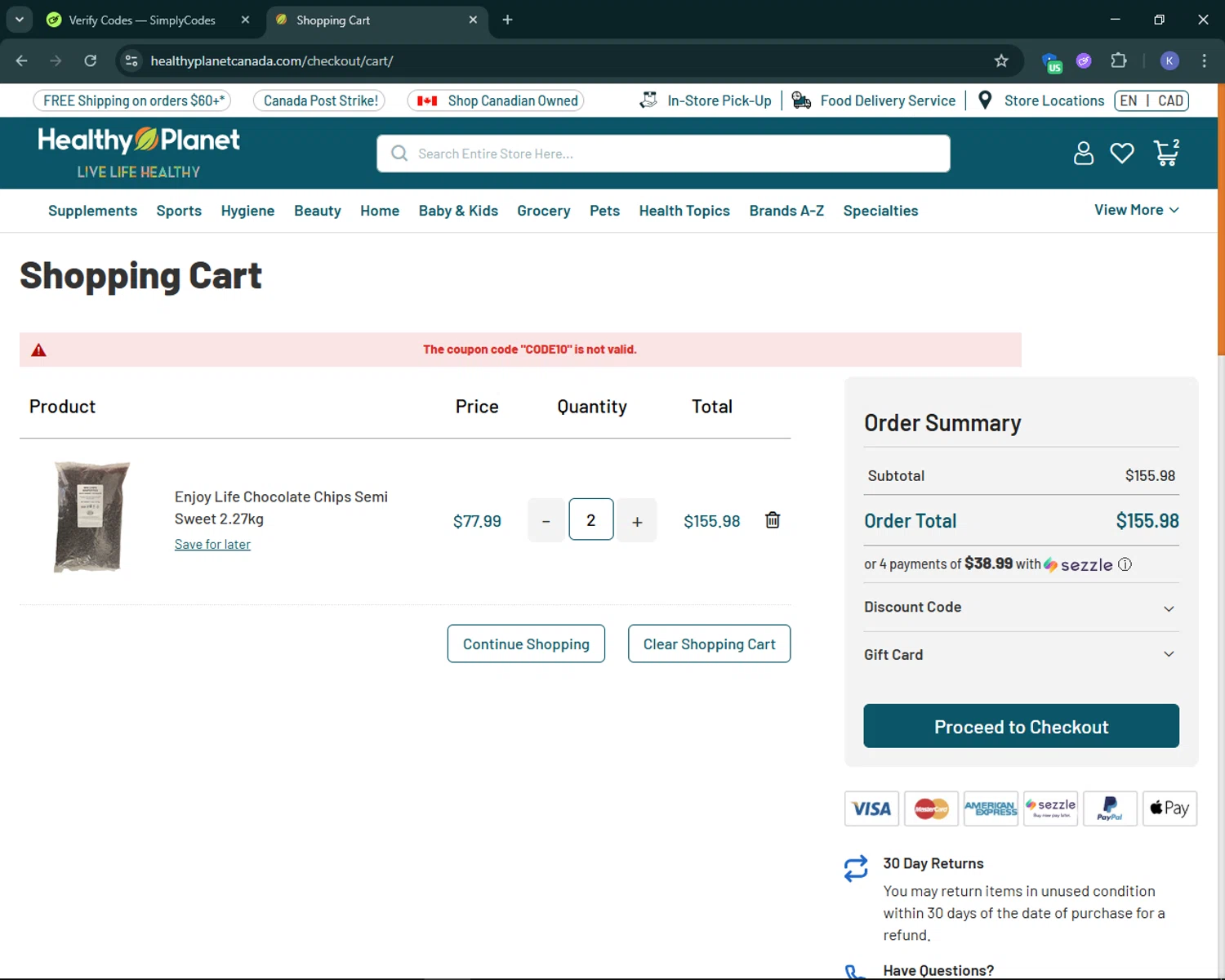 Healthy Planet discount code screenshot showing code CODE10 applied at Healthy Planet checkout page. Uploaded by SimplyCodes community member KevLapage on Nov 14, 2025