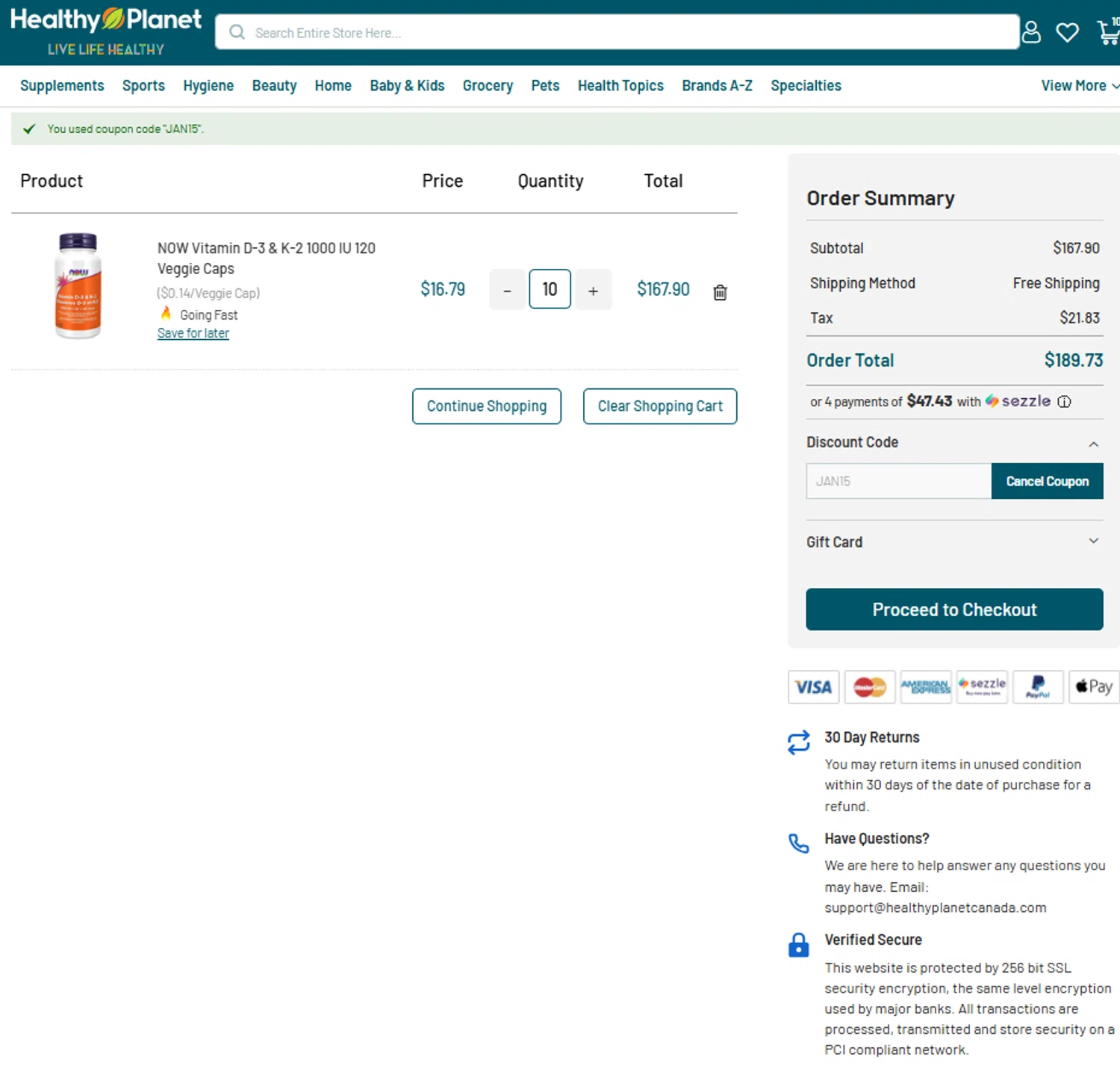 Healthy Planet discount code screenshot showing code JAN15 applied at Healthy Planet checkout page. Uploaded by SimplyCodes community member reggiesmith on Jan 27, 2026