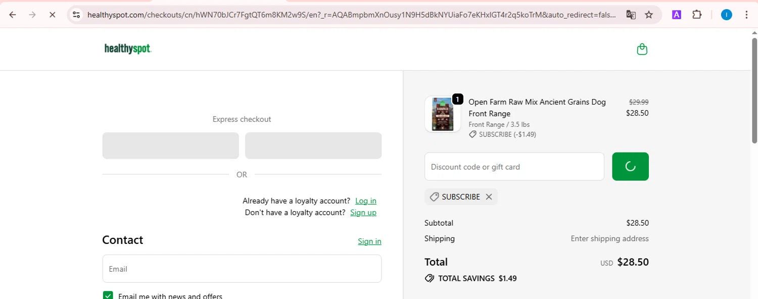 Healthy Spot promo code screenshot showing code SUBSCRIBE applied at Healthy Spot checkout page. Uploaded by SimplyCodes community member TreasureScout5082 on Dec 30, 2025