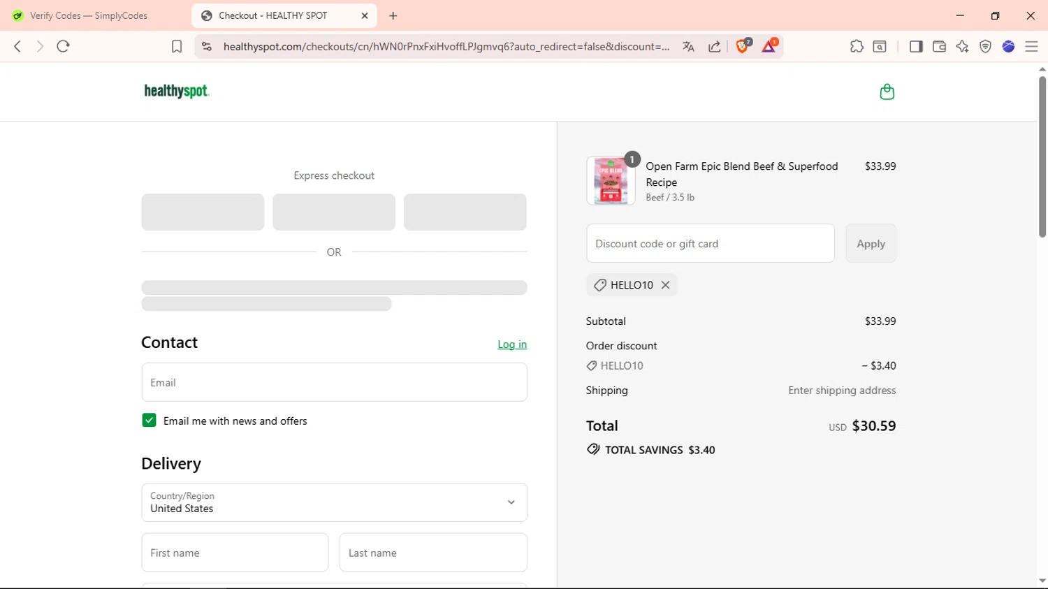 Healthy Spot promo code screenshot showing code hello10 applied at Healthy Spot checkout page. Uploaded by SimplyCodes community member DiscountTiger7630 on Jul 21, 2025