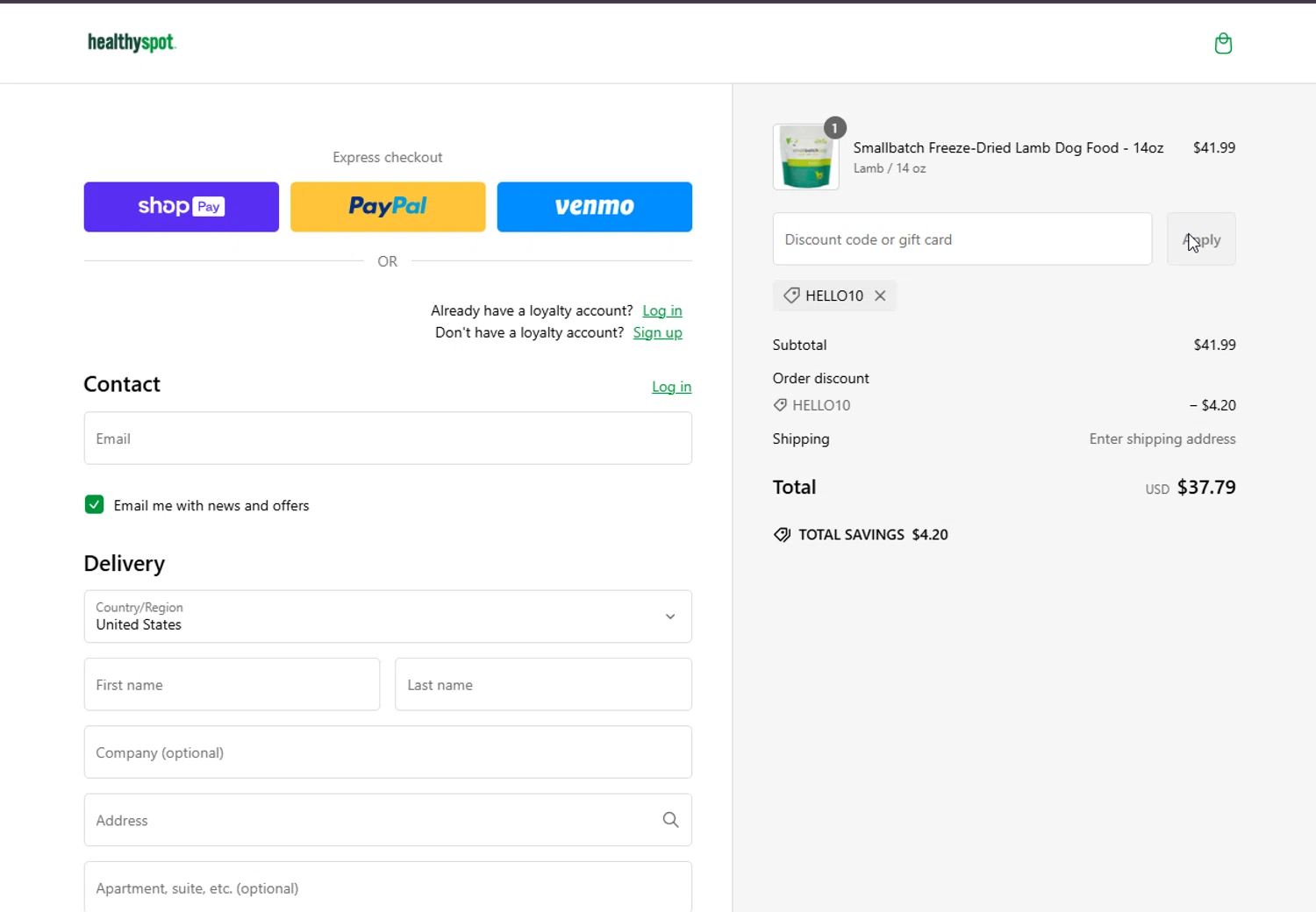 Healthy Spot promo code screenshot showing code hello10 applied at Healthy Spot checkout page. Uploaded by SimplyCodes community member DonGato on Jan 30, 2025