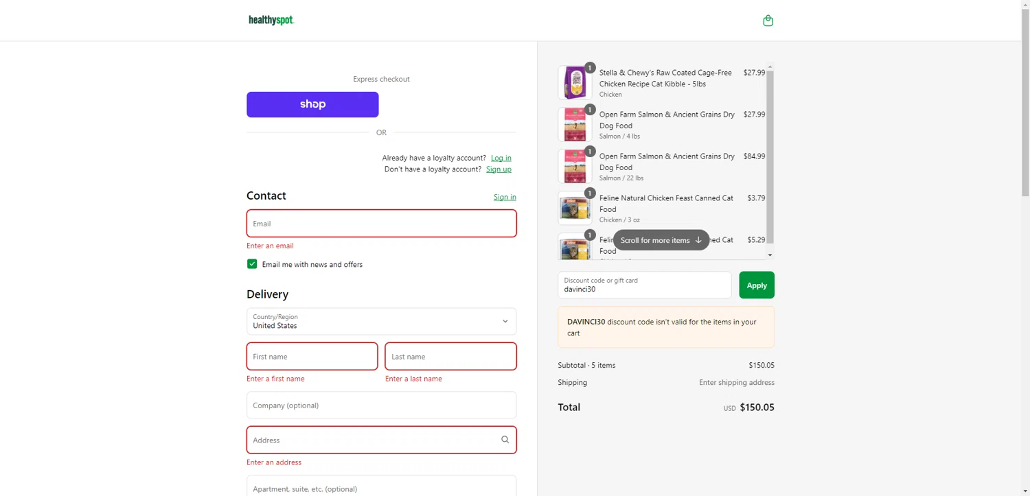 Healthy Spot promo code screenshot showing code davinci30 applied at Healthy Spot checkout page. Uploaded by SimplyCodes community member CleverHawk1744 on Sep 9, 2025