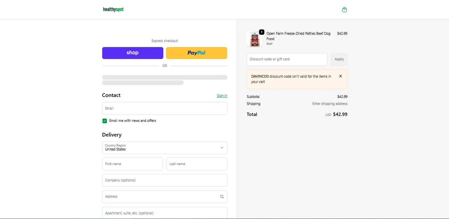 Healthy Spot promo code screenshot showing code davinci30 applied at Healthy Spot checkout page. Uploaded by SimplyCodes community member DealSleuth3125 on Jan 24, 2026
