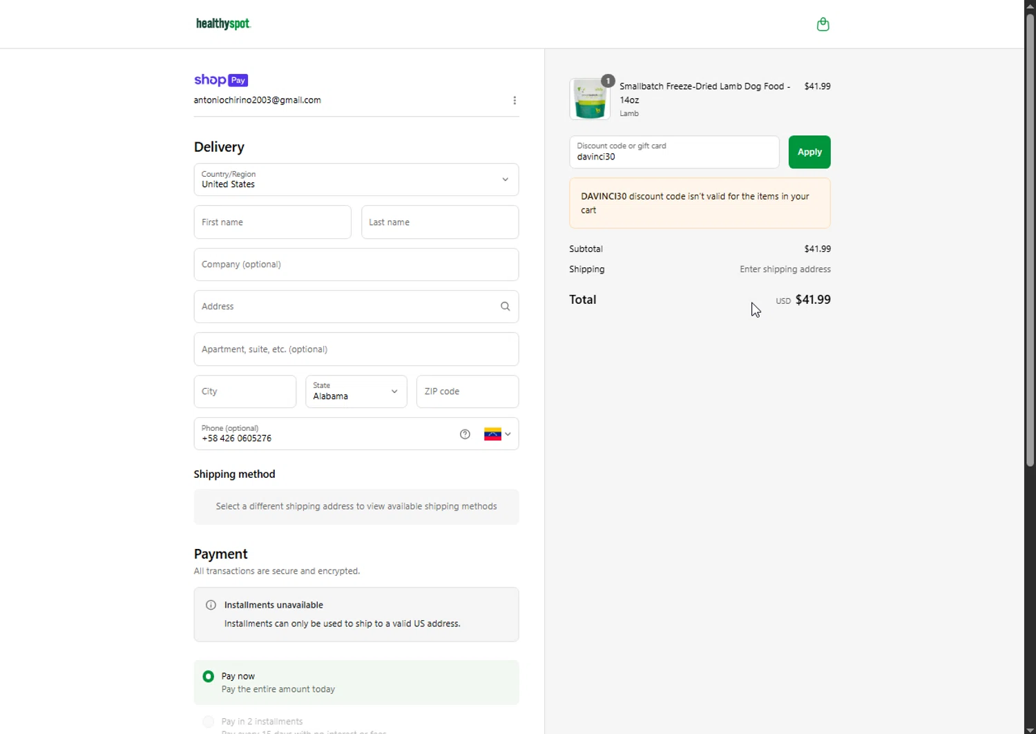 Healthy Spot promo code screenshot showing code davinci30 applied at Healthy Spot checkout page. Uploaded by SimplyCodes community member Heibk201 on Jul 12, 2025