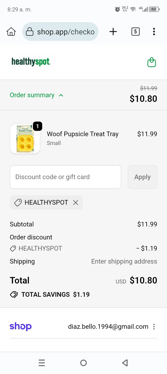 Healthy Spot promo code screenshot showing code HealthySpot applied at Healthy Spot checkout page. Uploaded by SimplyCodes community member Anthony_Diaz on Nov 21, 2025