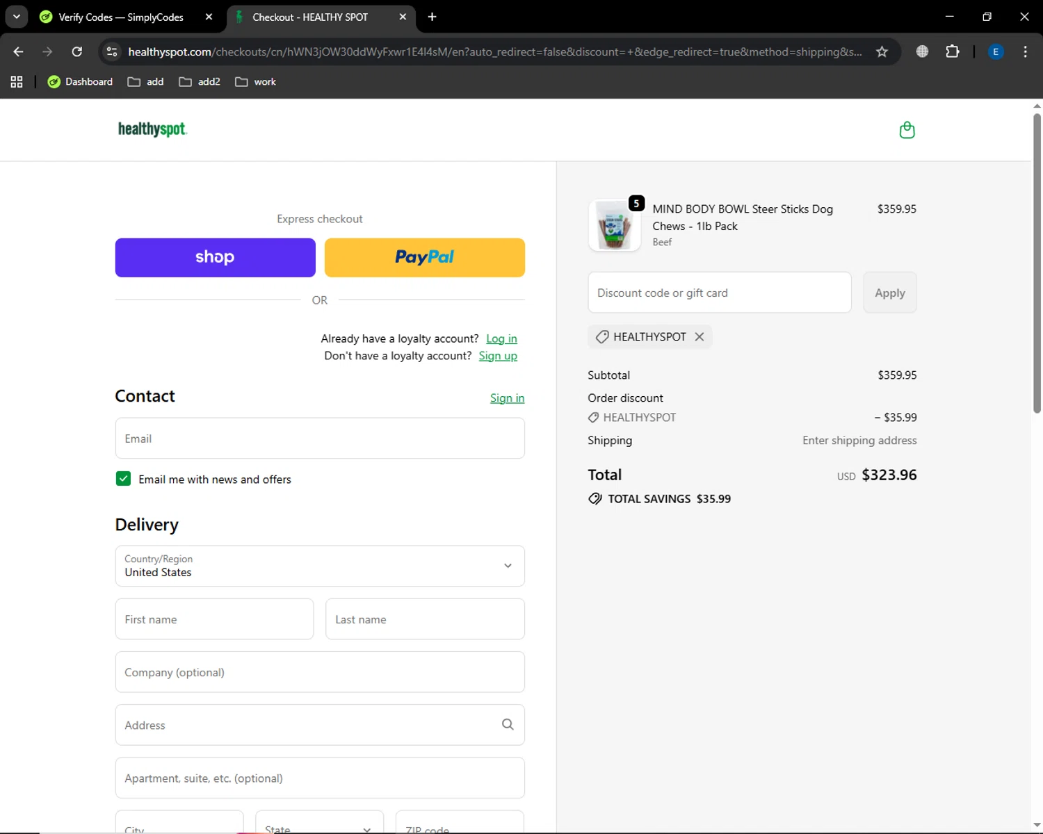 Healthy Spot promo code screenshot showing code HealthySpot applied at Healthy Spot checkout page. Uploaded by SimplyCodes community member GoldSaver5472 on Oct 4, 2025