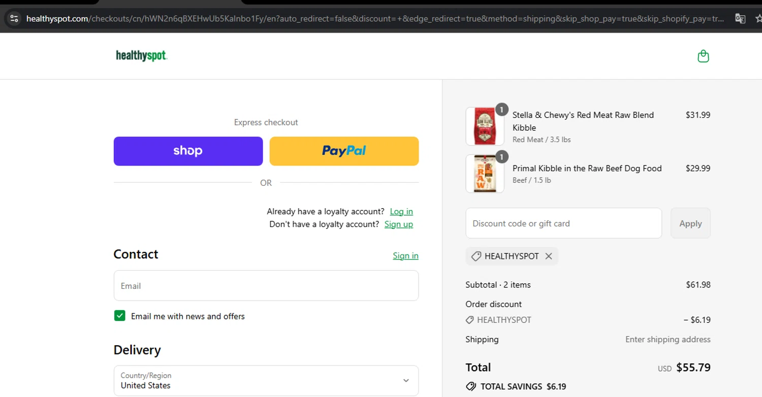 Healthy Spot promo code screenshot showing code HealthySpot applied at Healthy Spot checkout page. Uploaded by SimplyCodes community member Kony24 on Sep 9, 2025