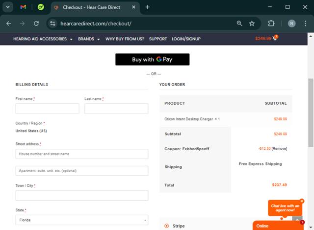 Hear Care Direct checkout page showing Hear Care Direct promo code box | Screenshot taken by SimplyCodes community member on Feb 19, 2025