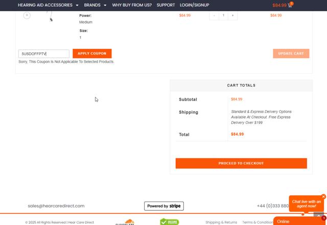 Hear Care Direct checkout page showing Hear Care Direct promo code box | Screenshot taken by SimplyCodes community member on Mar 20, 2025