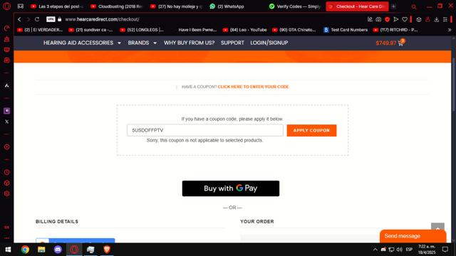 Hear Care Direct checkout page showing Hear Care Direct promo code box | Screenshot taken by SimplyCodes community member on Apr 18, 2025