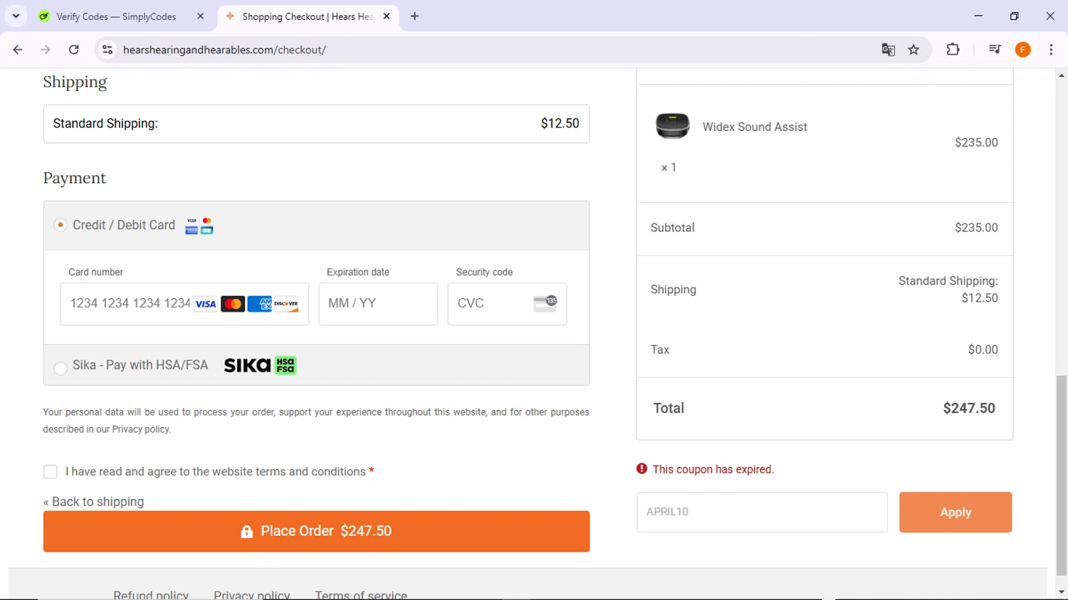 Hears Hearing & Hearables promo code screenshot showing code APRIL10 applied at Hears Hearing & Hearables checkout page. Uploaded by SimplyCodes community member TreasureSleuth5198 on Feb 14, 2025