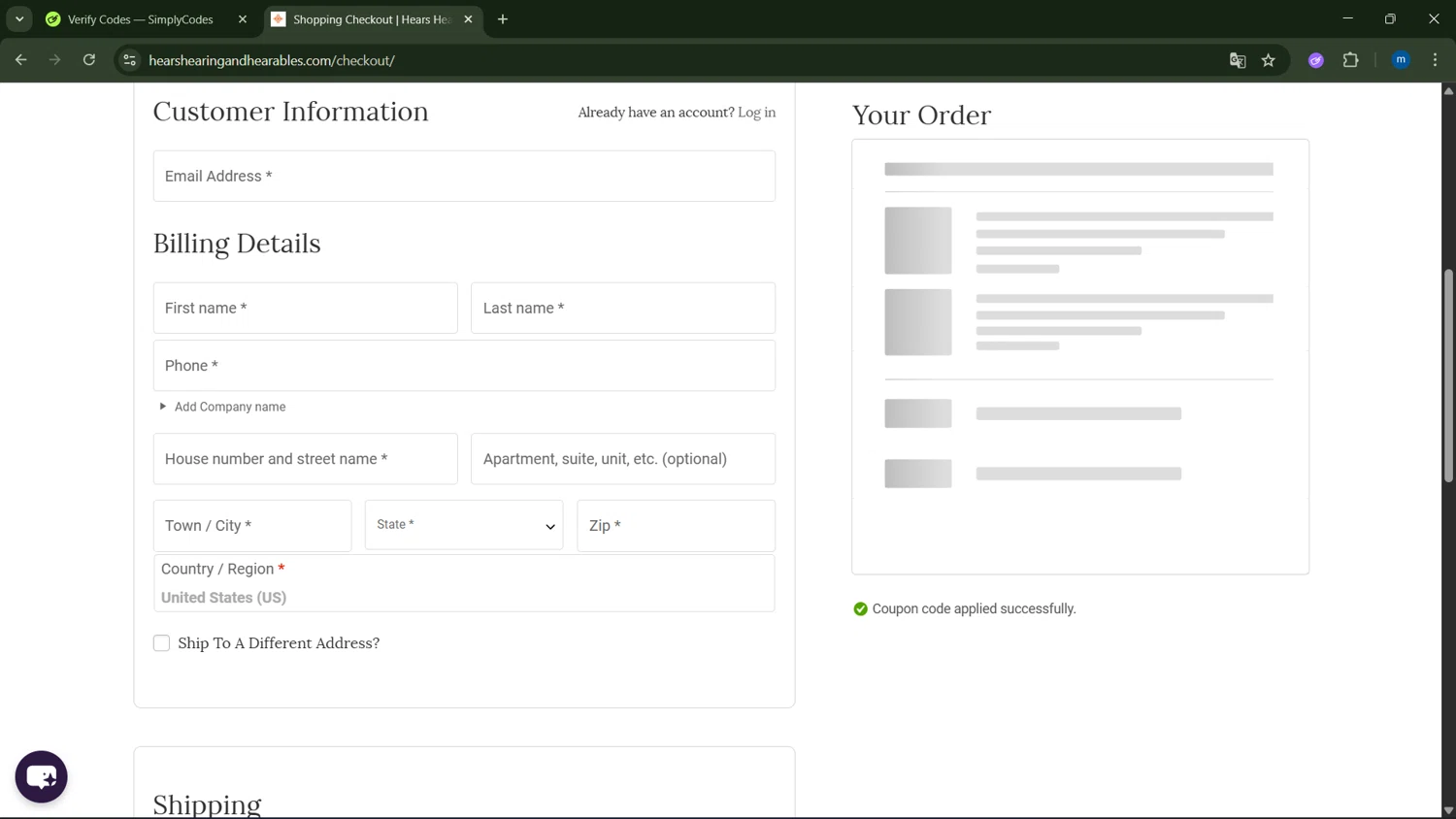 Hears Hearing & Hearables promo code screenshot showing code WELCOME10 applied at Hears Hearing & Hearables checkout page. Uploaded by SimplyCodes community member GloriousSpotter8024 on Sep 27, 2025