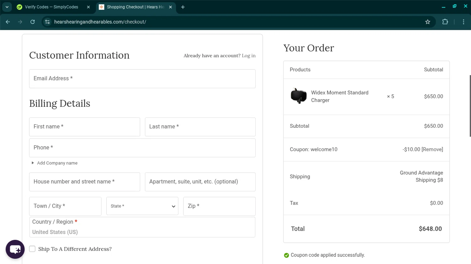 Hears Hearing & Hearables promo code screenshot showing code WELCOME10 applied at Hears Hearing & Hearables checkout page. Uploaded by SimplyCodes community member SwiftSage2309 on Nov 25, 2025